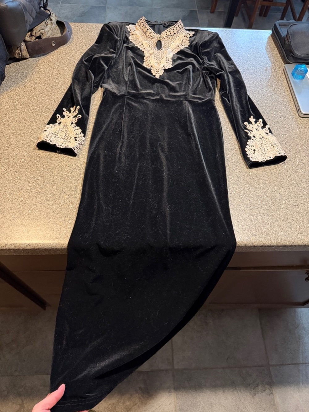 New Catchall Vintage Vibes Velvet Long Sleeve Dress with Ivory Lace Accents